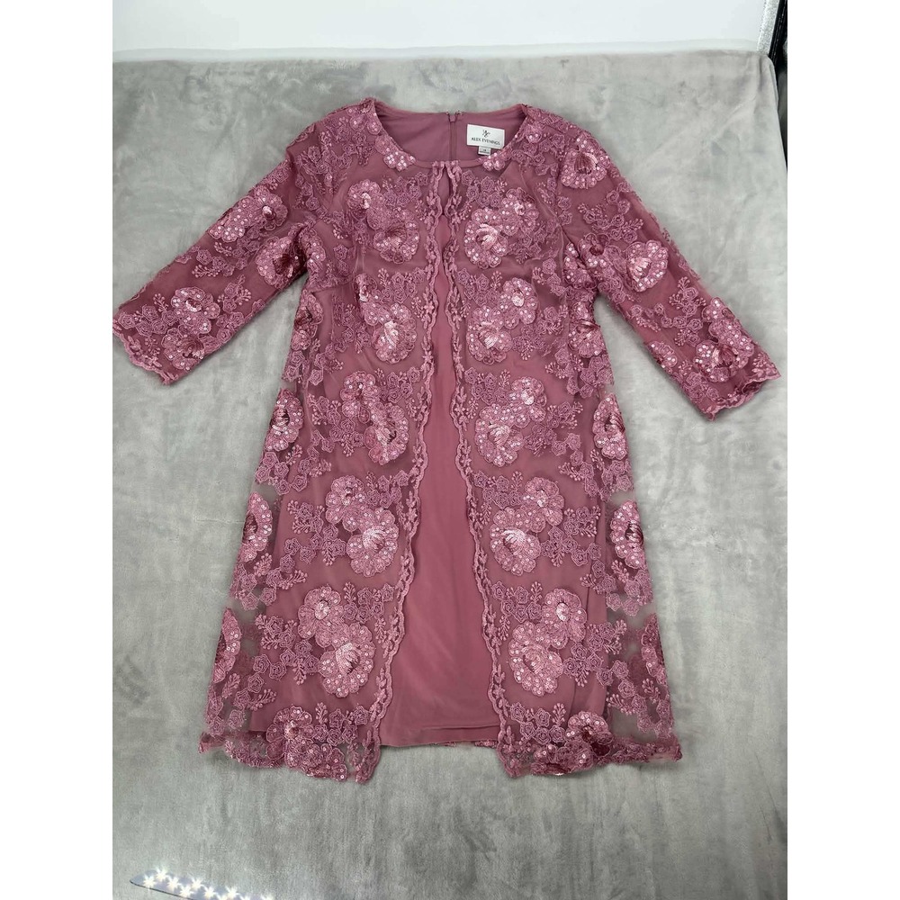 Alex Evenings Womens Dusty Rose Lace Sequin Dress and Jacket Set Size 14